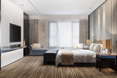 3D güzel, lüks yatak odası süitini televizyonu olan bir otel.