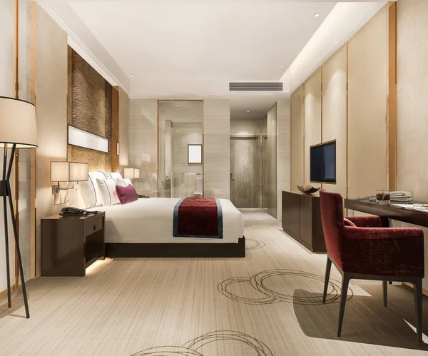 Rendering Moderner Luxus Schlafzimmer Suite Und Badezimmer — Stockfoto