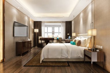 3D, oteldeki, üzerinde televizyon ve çalışma masası olan lüks yatak odası süiti.