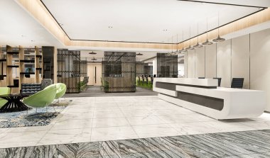 3D modern lüks otel ve ofis resepsiyonu ve toplantı odası sandalyeli dinlenme odası