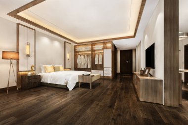3D render lüks modern yatak odalı Süit otel ile dolap dolap yürümek