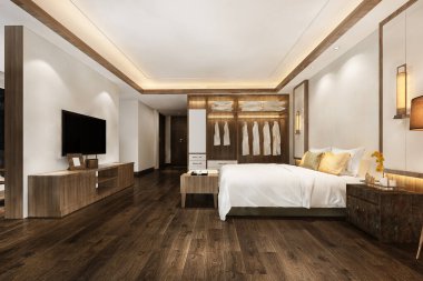 3D render lüks modern yatak odalı Süit otel ile dolap dolap yürümek
