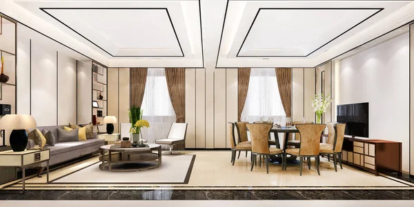 3D为现代餐厅和客厅配备豪华装饰 — 图库照片