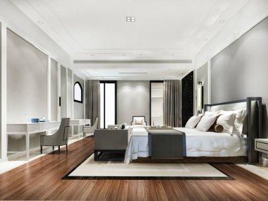 3D güzel, modern, lüks yatak odası süitini televizyon ve kanepe ile donattı.