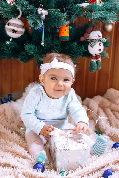 Smiling Little Girl Sitting Christmas Tree Beige Plush Plaid Christmas — Stock Photo, Image