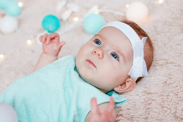 Portrait Adorable Little Girl Beautiful Blue Eyes Blue Dress Beige — Stock Photo, Image