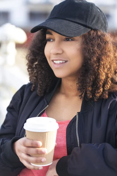 Mixed Race African American Teenager Woman Drinking Coffee — Stock Photo, Image