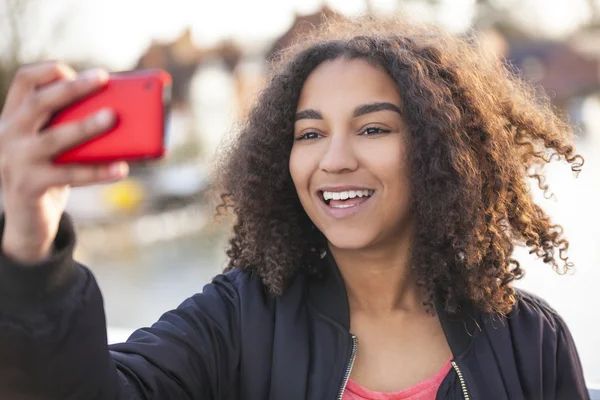 Mixed Race African American Girl Teenager Taking Selfie — Stock Photo, Image