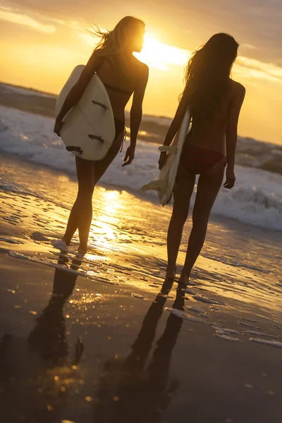 여자 비키니 서퍼 여자 및 서핑 보드 선셋 비치 — 스톡 사진