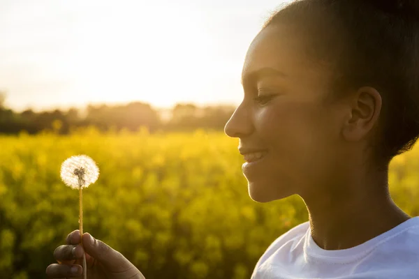 Misturado raça afro-americana menina adolescente dente de leão flor — Fotografia de Stock