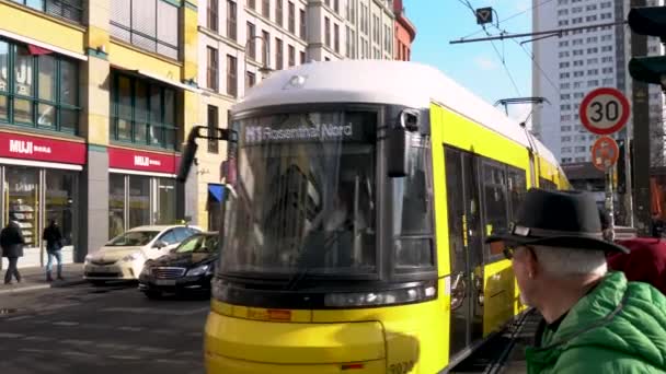 Hackescher Markt Berlin Germany February 2018 Tram People Crossing Dirckenstrasse — Stock Video
