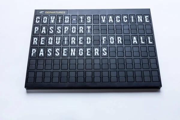 Travel Problems Concept Airport Departures Board Covid Coronavirus Covid Vaccine — Stock Photo, Image