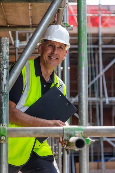 Hombre Capataz Constructor Feliz Trabajador Construcción Sonriente Gerente Del Sitio — Foto de Stock