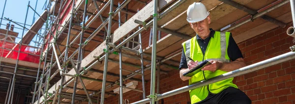 Panorama Male Builder Foreman Construction Worker Contractor Architect Building Site — Stock Photo, Image