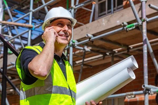 Male Builder Foreman Worker Architect Construction Site Happy Smiling Holding — Stock Photo, Image