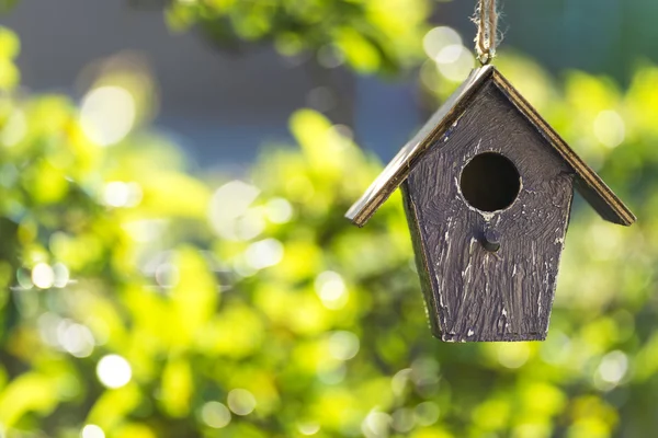 Vogel huis in de zomer zon & groene bladeren — Stockfoto