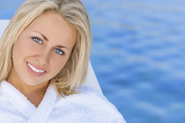 Woman Girl in White Spa Robe Blue Water Background — Stock Photo, Image