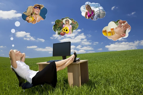 Businesswoman Day Dreaming in Green Field Office — Stock Photo, Image