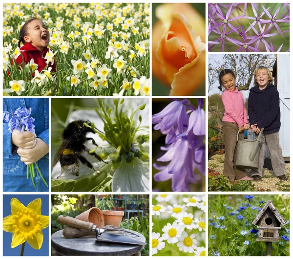 Lekande barn våren trädgård blommor montage — Stockfoto