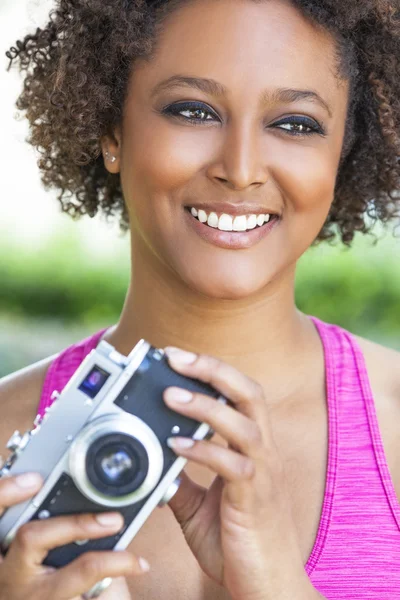 Mixed Race African American Girl With Retro Camera — Stock Photo, Image