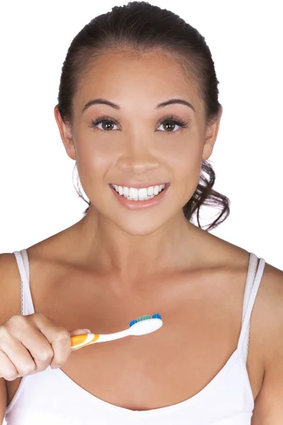 Asian Eurasian Girl Young Woman Toothbrush Brushing Teeth — Stock Photo, Image