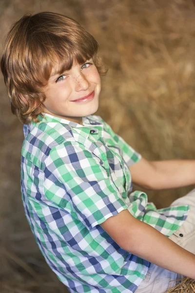 Young Happy Boy Smiling on Hay Bales — Stock Photo, Image