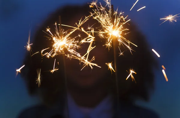 Girl Young Woman Playing with Sparklers — Stock Photo, Image