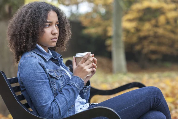 Sad African American Teenager Woman Drinking Coffee — Stock Photo, Image