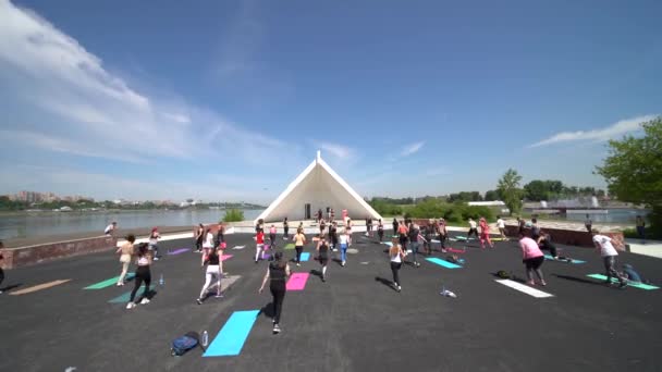 Crowd af piger og kvinder, der arbejder ud eller gør fitness i den offentlige park – Stock-video