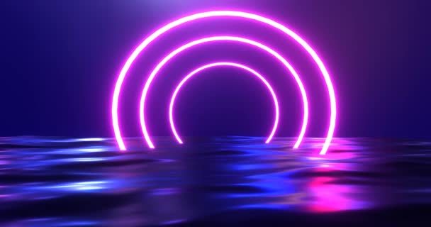 Λαμπερά δαχτυλίδια στη θάλασσα νέον. Purple 3d καθιστούν κύκλους με τη μορφή προτύπου σήραγγας σε σκούρο μπλε κύματα — Αρχείο Βίντεο