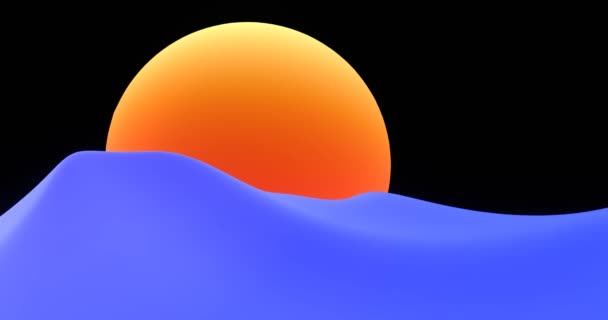 Zonsondergang in abstracte zee. Enorme rode 3d weergave gradiënt zon badend in blauwe golven. — Stockvideo