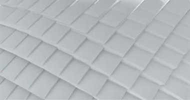 Değişen geometrik şekilli beyaz tekno yüzey. Geleceğin 3D kareleri sütun eşkenar dörtgenlerine dönüşüyor. Metalik gradyan ve endüstriyel desenli karbon grisi minimalizm