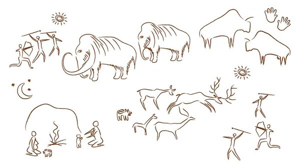 Ancient rock paintings illustration. Prehistoric cave paintings of primitive people hunting mammoths and deer making cromagnan women campfires and playing with vector children.