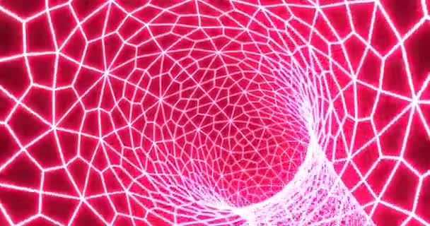 Neon mesh tunnel trechter. Web gloeiende abstracte wormgat in 3d maken digitale paarse draai — Stockvideo