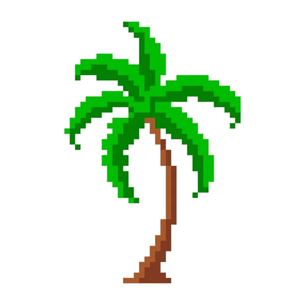 Palma tropical Pixelada. Folhas grandes verdes com tronco de pixel curvo marrom — Vetor de Stock