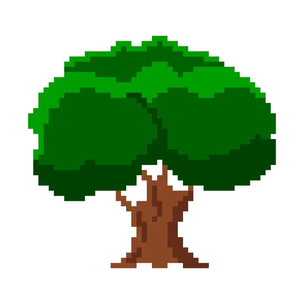 Pixelado gran árbol viejo. Antiguo roble con follaje verde y tronco marrón. — Vector de stock