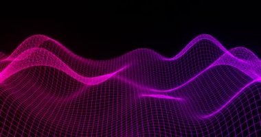 Karanlık uzayda neon ağ dalgaları. Mor 3D ses ve deniz enerjisi akımları oluşturur. Parlayan dalgalı eweb efektiyle dinamik hareketli dijital dağlar