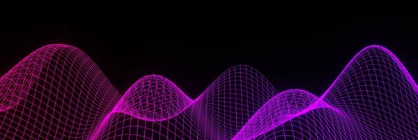 在黑暗空间背景下的中子网状波 紫色3D渲染声音和海洋能量流 动态运动中的数字山 具有发光的波浪形网络效应 — 图库照片