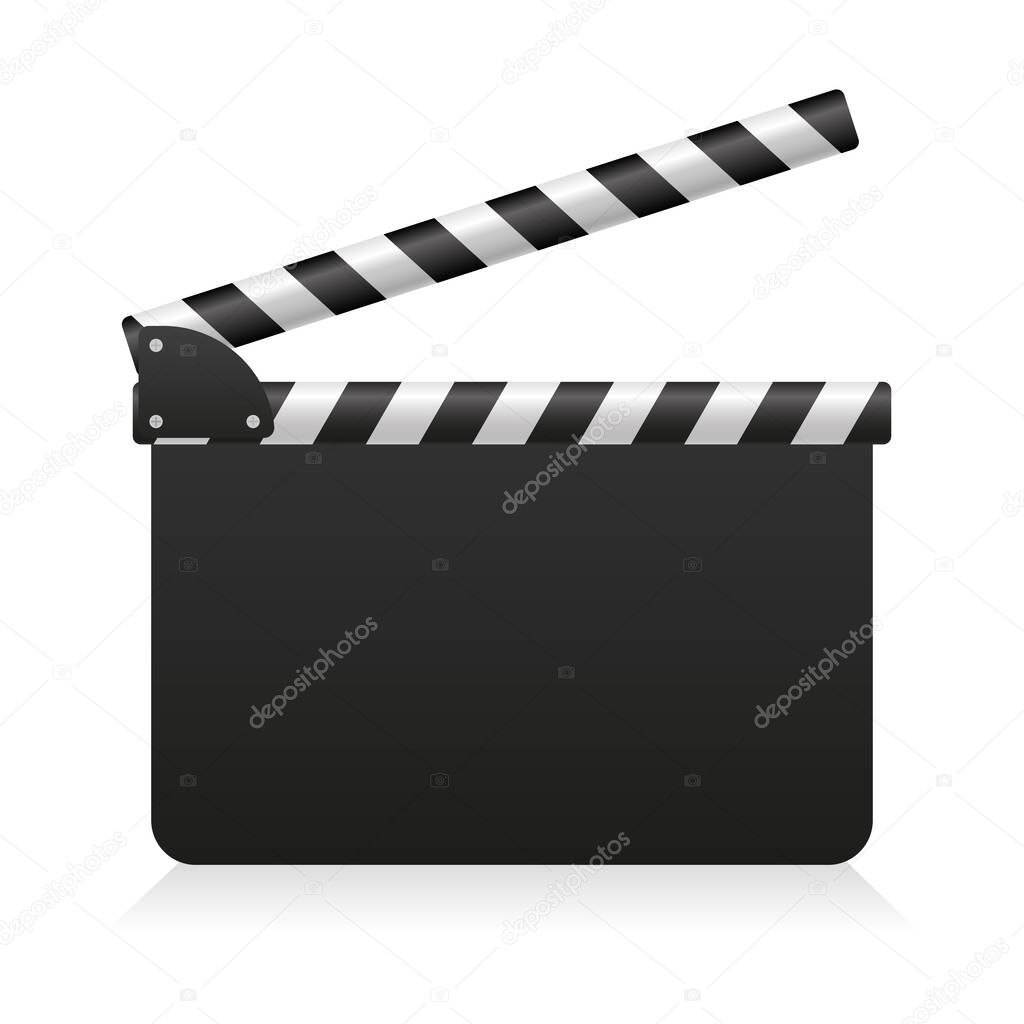 Filming clapperboard icon. Black cinematography equipment stripes media production for times film shooting and storyboard video vector scenes
