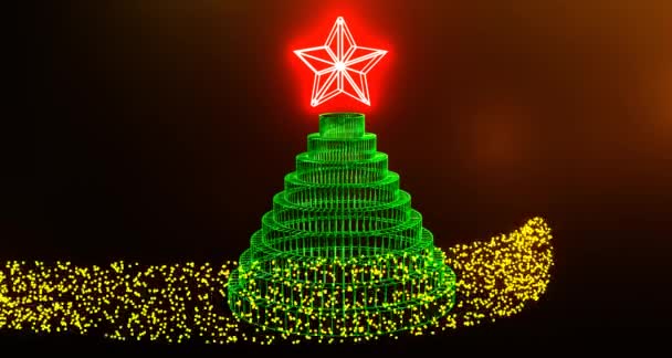 带金黄色涡旋粒子的网状圣诞树 喜庆的3D渲染绿色的金字塔与新年明亮的红星 黄尘环在欢快的舞曲中庄严地旋转着 — 图库视频影像