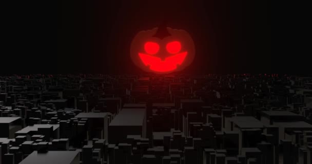 Zucca Halloween Illumina Città Notte Sinistra Testa Con Rendere Incandescente — Video Stock