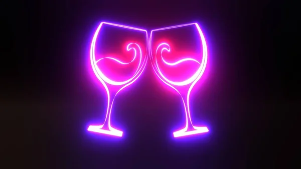 Neon Klinkande Glas Vin Festlig Rendera Part Symbol Med Lila — Stockfoto