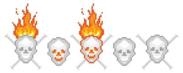 Människans pixelskallar. Flammande jolly roger ben med halloween leende — Stock vektor