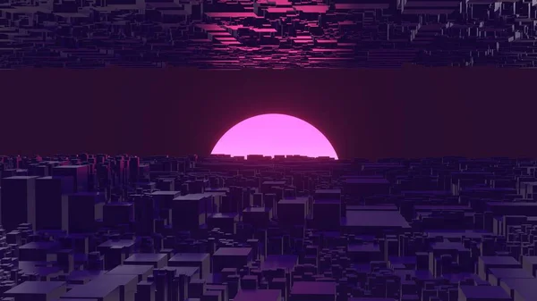 Fantastic techno metropolis with setting sun background