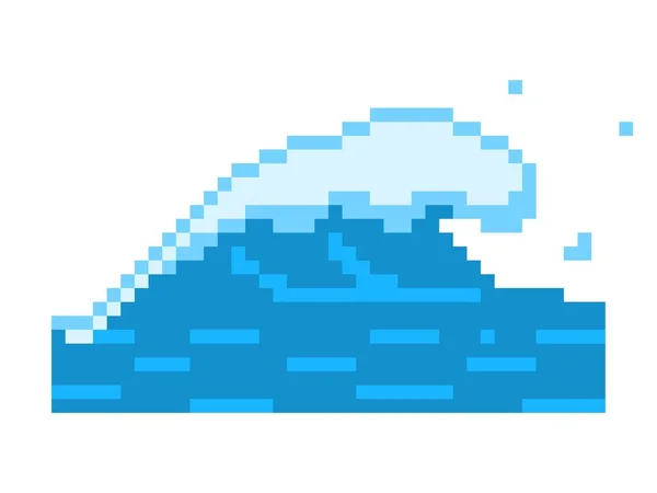 Ícone de onda de espuma de pixel oceano. Crest de mar azul tsunami apressando — Vetor de Stock