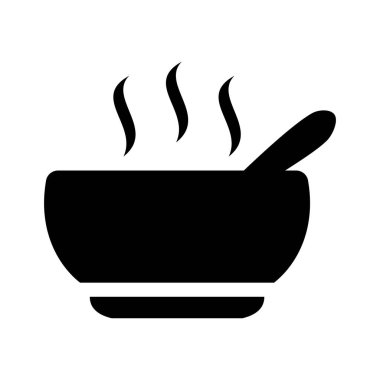 Kaşık ve sıcak yemek ikonu olan bir kase. Restorandaki ya da kafedeki doyurucu yemeğin sembolü iştah açıcı reklamlar ve internet navigasyonu için mükemmel.