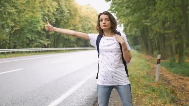 青いバックパックを持つブルネットの若い女性は道路の側にヒッチハイクしており、車は木の背景に停車しています. — ストック動画