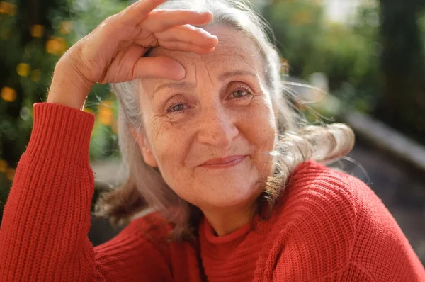 Portrait of senior woman with grey hair and face with wrinkles wearing red knitted sweater and relaxing at park during sunny day — Stock Photo, Image