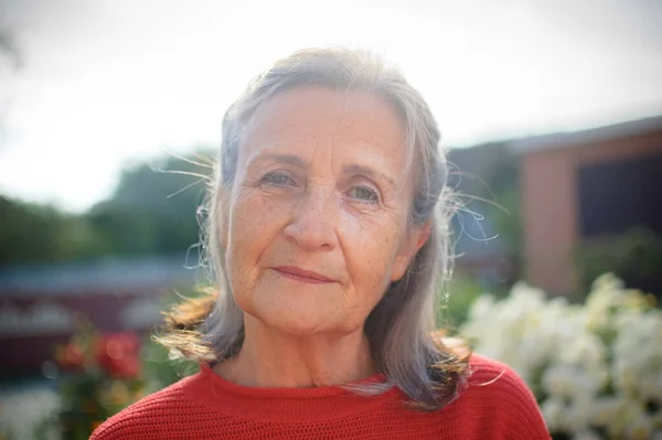 Beautiful old grandmother with grey hair and face with wrinkles outdoors relaxing at park during sunny day — Stock Photo, Image