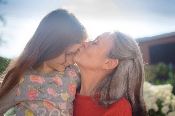 Abuela mayor con el pelo gris vistiendo suéter rojo con su nieta pequeña se abrazan en el jardín y durante el día soleado al aire libre, día de las madres —  Fotos de Stock